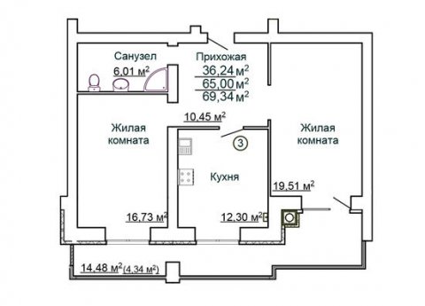Планировка квартиры в Дом на ул. Ломоносова, 5, г. Иваново, общая площадь 65.00 кв. м.