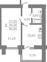 Планировка квартиры в Дом на ул. Постышева, д. 65, г. Иваново, общая площадь 34.30 кв. м.