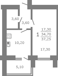 Планировка квартиры в Дом на ул. Постышева, д. 65, г. Иваново, общая площадь 34.70 кв. м.