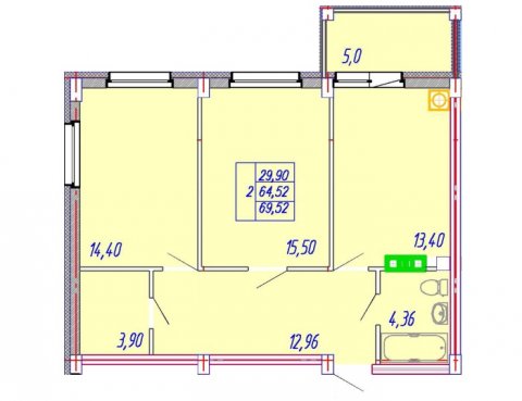 Планировка квартиры в ЖК Центральный (ул. Зеленая), г. Иваново, общая площадь 64.52 кв. м.