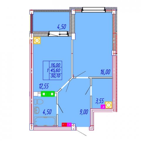 Планировка квартиры в ЖК Центральный (ул. Зеленая), г. Иваново, общая площадь 45.60 кв. м.