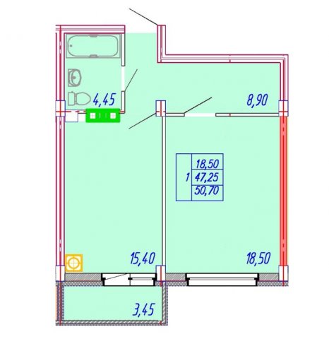 Планировка квартиры в ЖК Центральный (ул. Зеленая), г. Иваново, общая площадь 47.25 кв. м.