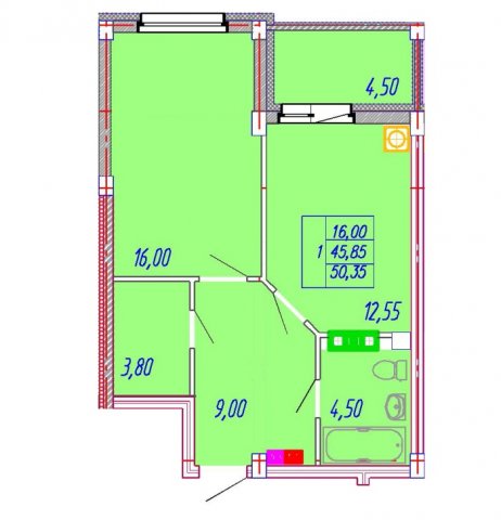 Планировка квартиры в ЖК Центральный (ул. Зеленая), г. Иваново, общая площадь 45.85 кв. м.