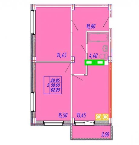 Планировка квартиры в ЖК Центральный (ул. Зеленая), г. Иваново, общая площадь 58.60 кв. м.