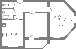 Планировка квартиры в Дом на ул. Ташкентская, д. 110, г. Иваново, общая площадь 59.90 кв. м.