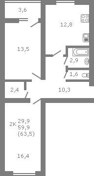 Планировка квартиры в Дом на ул. Ташкентская, д. 110, г. Иваново, общая площадь 59.90 кв. м.