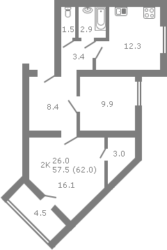 Планировка квартиры в Дом на ул. Ташкентская, д. 110, г. Иваново, общая площадь 57.50 кв. м.