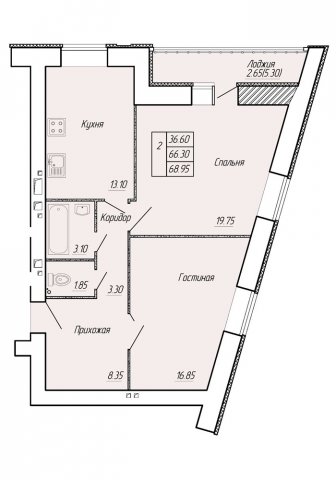Планировка квартиры в ЖК Майский (ул. 5-я Первомайская), г. Иваново, общая площадь 66.30 кв. м.