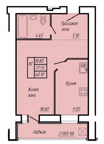 Планировка квартиры в ЖК Майский (ул. 5-я Первомайская), г. Иваново, общая площадь 37.55 кв. м.