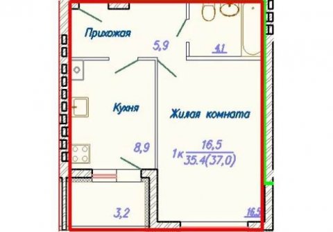 Планировка квартиры в Дом Клевер, г. Кохма, общая площадь 35.40 кв. м.