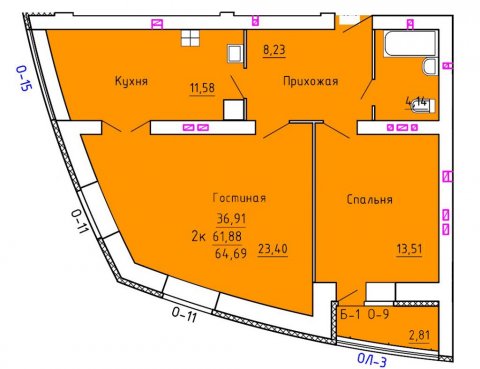 Планировка квартиры в ЖК Аристократ 2 (1 очередь, ул. Лежневская), г. Иваново, общая площадь 61.88 кв. м.