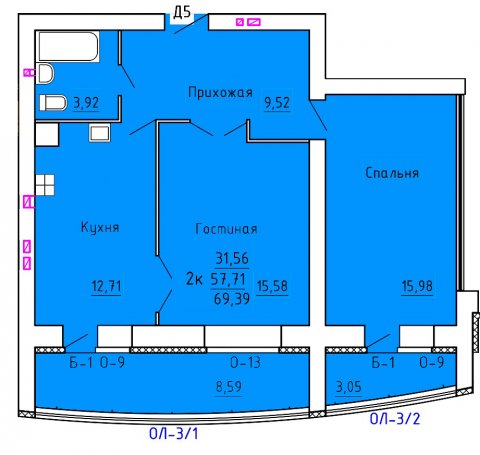 Планировка квартиры в ЖК Аристократ 2 (1 очередь, ул. Лежневская), г. Иваново, общая площадь 57.71 кв. м.