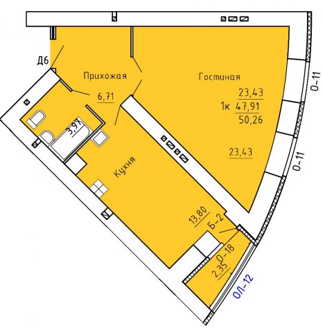 Планировка квартиры в ЖК Аристократ 2 (1 очередь, ул. Лежневская), г. Иваново, общая площадь 47.91 кв. м.