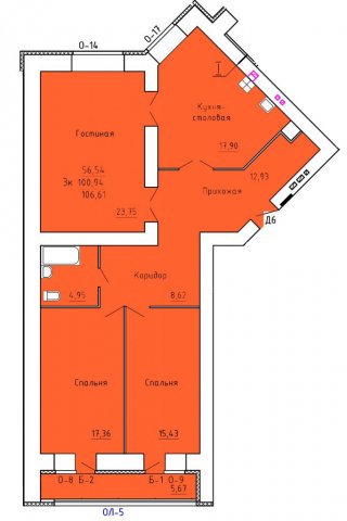 Планировка квартиры в ЖК Аристократ 2 (1 очередь, ул. Лежневская), г. Иваново, общая площадь 100.94 кв. м.