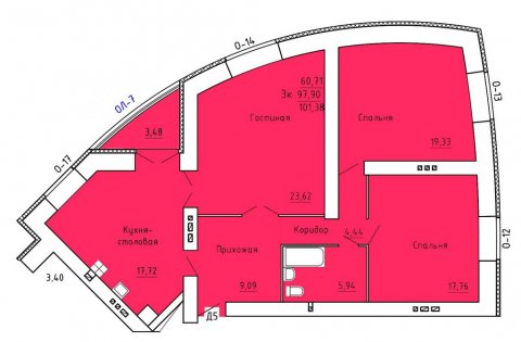 Планировка квартиры в ЖК Аристократ 2 (1 очередь, ул. Лежневская), г. Иваново, общая площадь 97.90 кв. м.