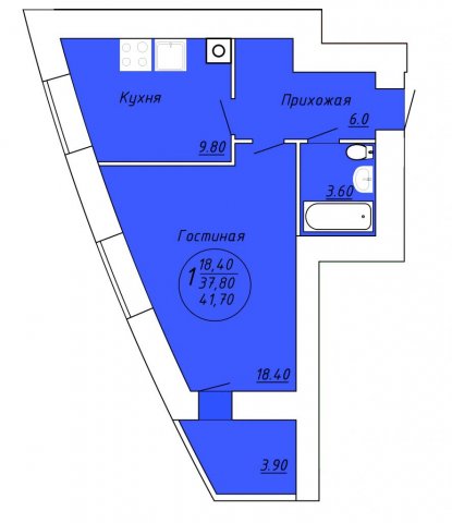 Планировка квартиры в ЖК Аристократ 2 (2 очередь), г. Иваново, общая площадь 37.80 кв. м.