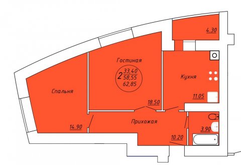 Планировка квартиры в ЖК Аристократ 2 (2 очередь), г. Иваново, общая площадь 58.55 кв. м.