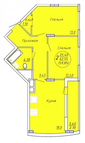 Планировка квартиры в ЖК Аристократ 2 (2 очередь), г. Иваново, общая площадь 59.85 кв. м.