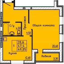 Планировка квартиры в ЖК АТЛАНТ, г. Иваново, общая площадь 47.40 кв. м.