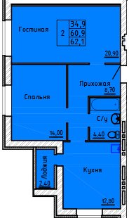 Планировка квартиры в ЖК АТЛАНТ, г. Иваново, общая площадь 60.90 кв. м.