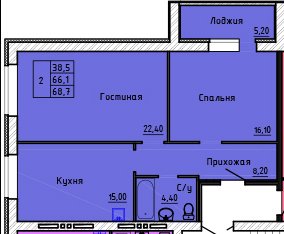 Планировка квартиры в ЖК АТЛАНТ, г. Иваново, общая площадь 66.10 кв. м.