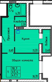 Планировка квартиры в ЖК АТЛАНТ, г. Иваново, общая площадь 45.40 кв. м.