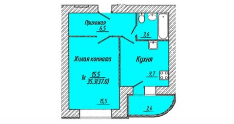 Планировка квартиры в ЖК Малахит (Авдотьино, ул. Революционная), литер 13, г. Иваново, общая площадь 35.30 кв. м.