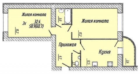 Планировка квартиры в ЖК Малахит (Авдотьино, ул. Революционная), литер 13, г. Иваново, общая площадь 58.90 кв. м.