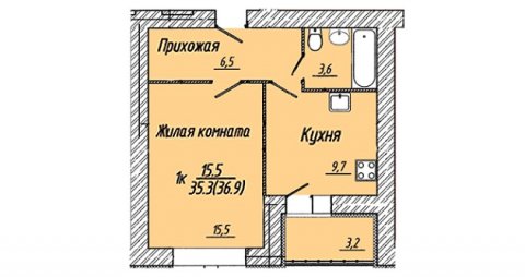 Планировка квартиры в ЖК Малахит (Авдотьино, ул. Революционная), литер 13, г. Иваново, общая площадь 35.30 кв. м.