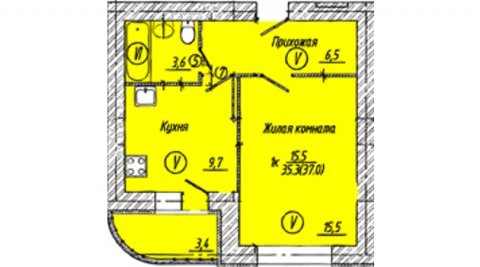 Планировка квартиры в ЖК Малахит, литер 14, г. Иваново, общая площадь 35.30 кв. м.