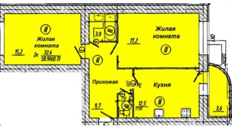 Планировка квартиры в ЖК Малахит, литер 14, г. Иваново, общая площадь 58.90 кв. м.