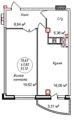 Планировка квартиры в ЖК Троицкий (ул. Фурманова), г. Иваново, общая площадь 47.82 кв. м.