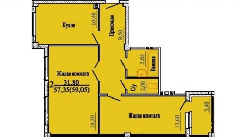 Планировка квартиры в Микрорайон Просторный, 1 очередь, г. Иваново, общая площадь 57.35 кв. м.