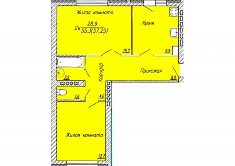 Планировка квартиры в Многоквартирный жилой дом, Литер 1 (мкр. Новая Ильинка 3), г. Иваново, общая площадь 55.30 кв. м.