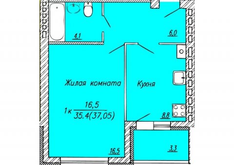 Планировка квартиры в Многоквартирный жилой дом, Литер 1 (мкр. Новая Ильинка 3), г. Иваново, общая площадь 35.40 кв. м.