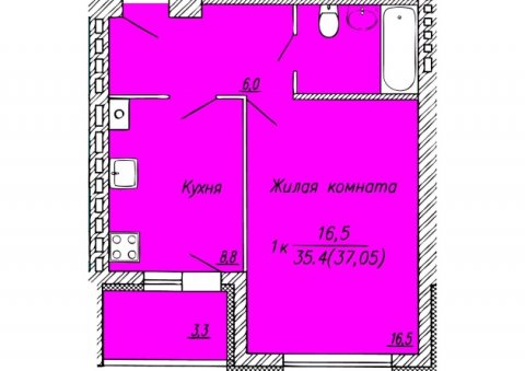 Планировка квартиры в Многоквартирный жилой дом, Литер 1 (мкр. Новая Ильинка 3), г. Иваново, общая площадь 35.40 кв. м.