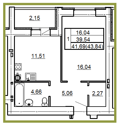 Планировка квартиры в ЖК Победа (блок-секция А), г. Иваново, общая площадь 41.69 кв. м.