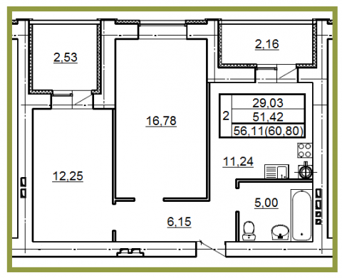 Планировка квартиры в ЖК Победа (блок-секция А), г. Иваново, общая площадь 56.11 кв. м.