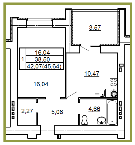 Планировка квартиры в ЖК Победа (блок-секция А), г. Иваново, общая площадь 42.07 кв. м.