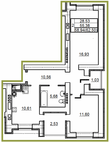 Планировка квартиры в ЖК Победа (блок-секция А), г. Иваново, общая площадь 58.94 кв. м.