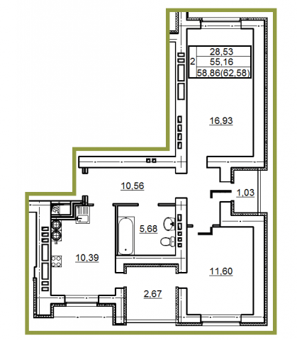 Планировка квартиры в ЖК Победа (блок-секция А), г. Иваново, общая площадь 58.86 кв. м.