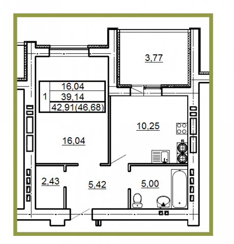 Планировка квартиры в ЖК Победа (блок-секция А), г. Иваново, общая площадь 42.91 кв. м.