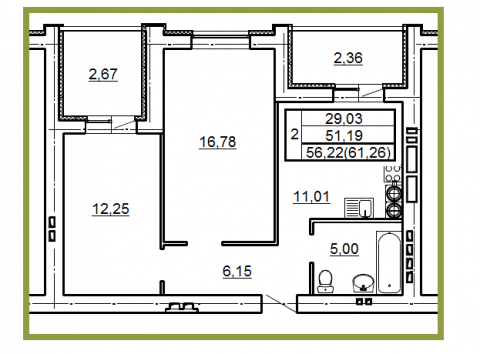 Планировка квартиры в ЖК Победа (блок-секция А), г. Иваново, общая площадь 56.22 кв. м.
