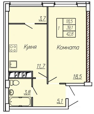 Планировка квартиры в ЖК Новые Черемушки, Литер 1 (ул. Ленинградская), г. Иваново, общая площадь 39.10 кв. м.