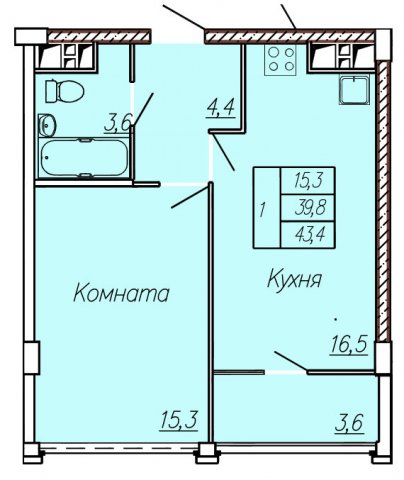 Планировка квартиры в ЖК Новые Черемушки, Литер 1 (ул. Ленинградская), г. Иваново, общая площадь 39.80 кв. м.