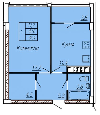 Планировка квартиры в ЖК Новые Черемушки, Литер 1 (ул. Ленинградская), г. Иваново, общая площадь 42.60 кв. м.