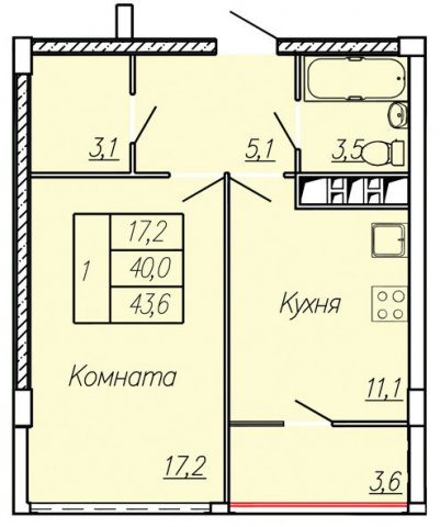 Планировка квартиры в ЖК Новые Черемушки, Литер 2 (ул. Ленинградская), г. Иваново, общая площадь 40.00 кв. м.