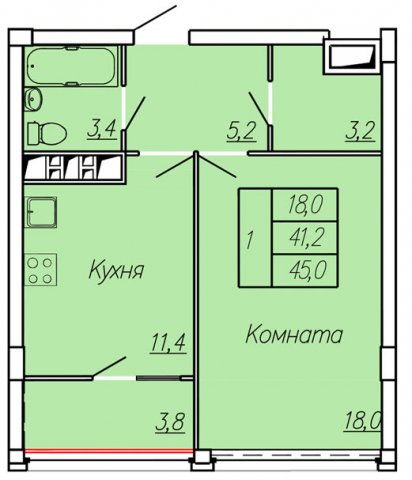 Планировка квартиры в ЖК Новые Черемушки, Литер 2 (ул. Ленинградская), г. Иваново, общая площадь 41.20 кв. м.