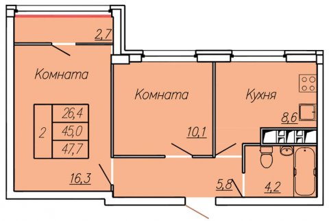 Планировка квартиры в ЖК Новые Черемушки, Литер 2 (ул. Ленинградская), г. Иваново, общая площадь 45.00 кв. м.