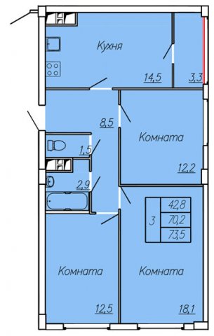 Планировка квартиры в ЖК Новые Черемушки, Литер 2 (ул. Ленинградская), г. Иваново, общая площадь 70.20 кв. м.